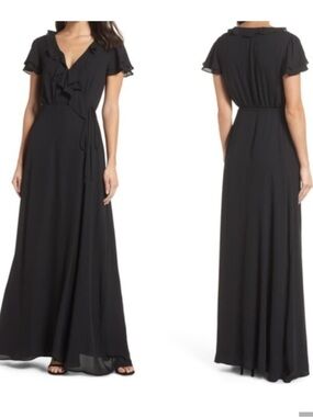 Wayf Black Ruffle-Trim V Neck Wrap Maxi Dress Elegant Formal